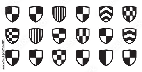 Set of 15 shield icons in flat style, secure protection, design for computer games applications