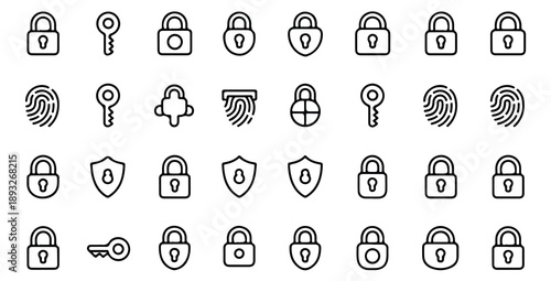 Outline set of security icons including fingerprints keys and various types of door padlocks