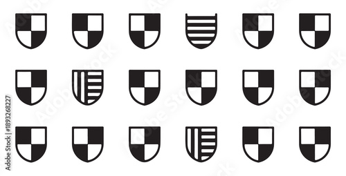 Set of 15 shield icons in flat style, secure protection, design for computer games applications