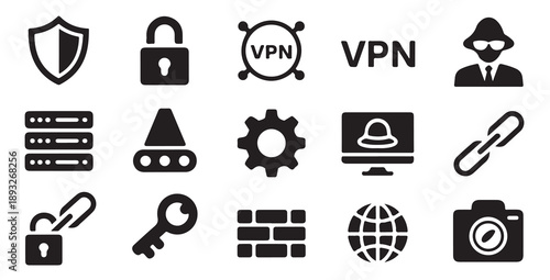 Set of cybersecurity icons, protection, data privacy and secure internet connection symbols