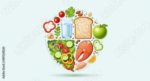 Healthy food heart shape with fruits vegetables fish and bread on light background