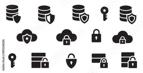 Cloud computing security icons and database protection symbols for secure data storage