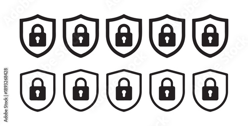 Shield with padlock icon collection for security and protection of digital information