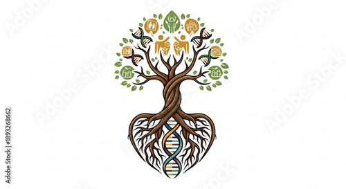 Tree with roots and dna helix in heart shaped roots on white background