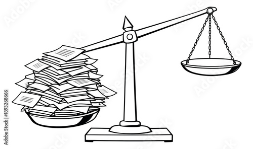 Hand drawn line art illustration of a balance scale depicting a heavy stack of documents on one pan for workload management and legal concepts