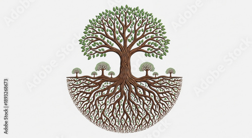 Tree with extensive root system and green leaves on white background
