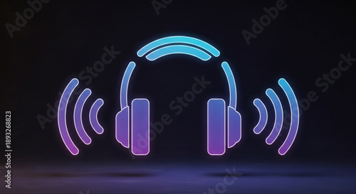Neon glowing purple and blue wireless headphones with sound waves on dark background