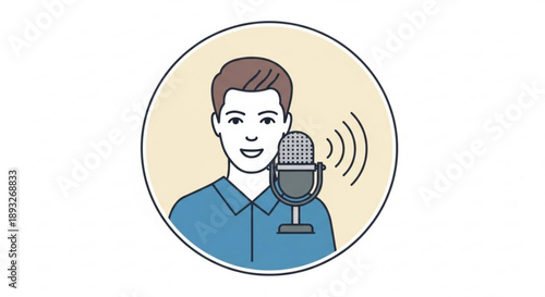 Smiling man speaking into microphone in circle frame with sound waves