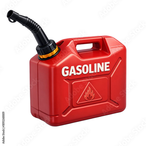 Vivid Red Gasoline Can with Spout on White Background