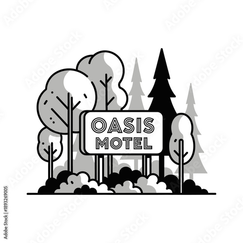 Oasis Motel Sign Surrounded by Stylized Trees and Bushes, Black and White Line Art