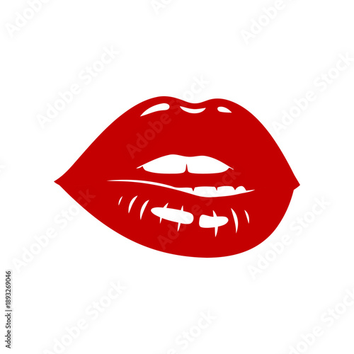 Red lips with white teeth and tongue illustration.