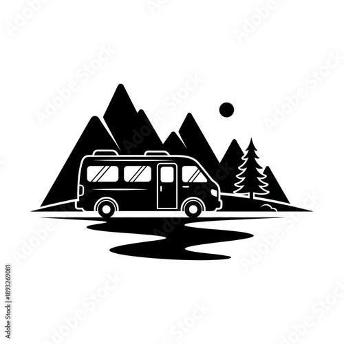 Camper Van in Mountains: Travel Adventure, Nature Camping, Road Trip Icon