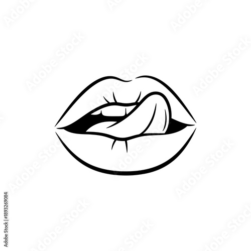 Black and white illustration of lips with tongue out.