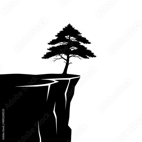 Silhouette of a lone pine tree on a cliff edge against a white background
