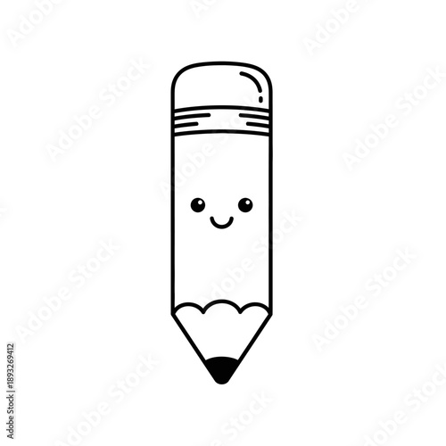 Cute kawaii pencil character with smiley face, simple line art drawing