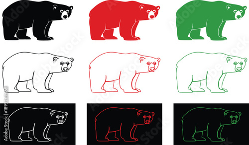 Bear Vector Icon Set, Wild Animal Silhouettes, Grizzly and Polar Bear Line Art Graphics