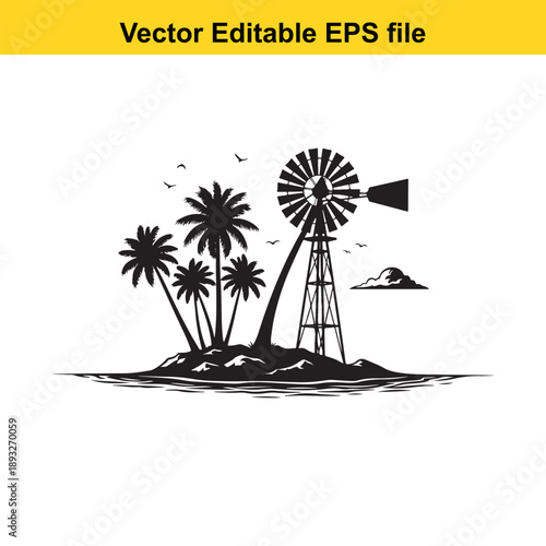  Tropical island windmill with palm trees and mountain