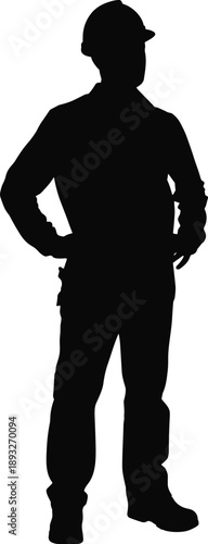 Construction, worker, silhouette, helmet, standing, safety, industry, engineering, labor, workforce, professional, builder, architecture, job, confidence, manual, vector, background