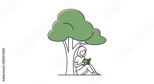 Woman sitting under tree reading book in peaceful outdoor setting with green foliage