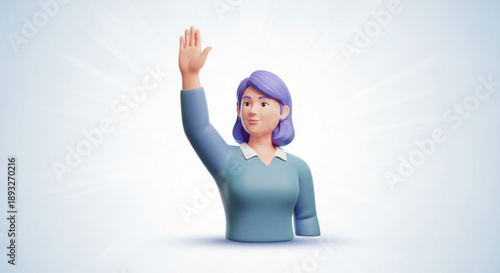 Woman with purple hair waves her hand in greeting or farewell on a white background conveying a sense of friendly approachability and greeting
