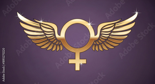 Golden winged venus symbol with female sign on purple background representing empowerment and feminism