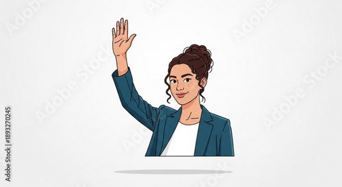 Woman waving from behind a sign in a business casual outfit with a friendly smile and professional demeanor