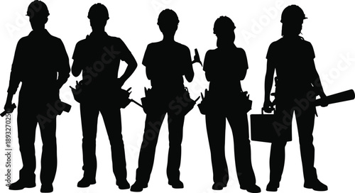 Construction, workers, silhouette, tools, labor, safety, helmets, teamwork, industry, engineering, architecture, building, workforce, professional, tradesmen, maintenance, vector, background