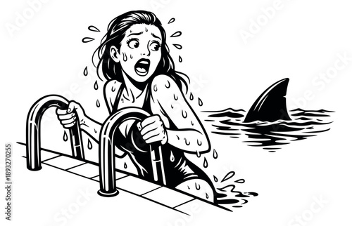 Comic book style line art illustration of a woman depicting a terrified escape from a shark in a swimming pool for danger and summer concepts