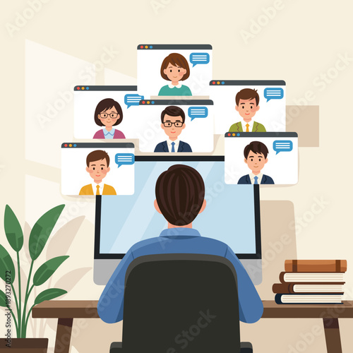 Man at Computer Participating in Online Meeting with Multiple Video Call Profiles for Remote Business Collaboration and Virtual Team Communication Concept Vector