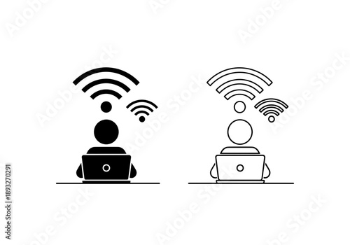 Person Working on Laptop with Wireless Signal Icons in Black Silhouette and Line Art Style for Remote Connectivity and Digital Nomad Concept Vector
