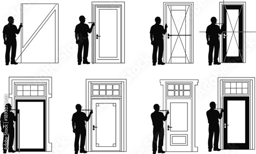 Door installation worker silhouettes set, professional handyman measuring and fitting doors, carpentry service illustration isolated on white background