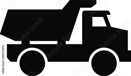 Dump truck silhouette icon representing construction transport, heavy machinery, industrial vehicle, building materials delivery,