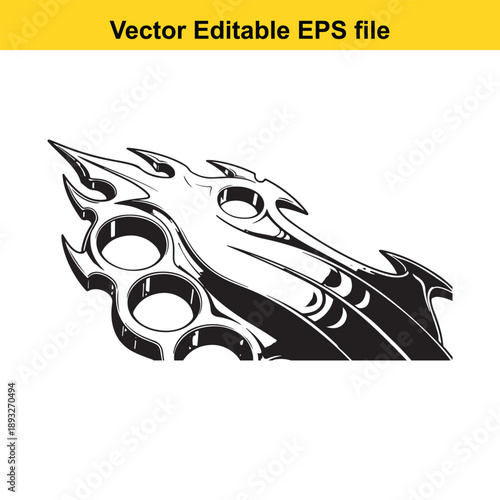  black and white illustration of dragon head knuckle duster in flames vector