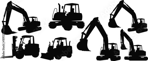 Excavator and construction vehicle silhouette set, heavy machinery including excavators loaders forklift equipment, industrial earthmoving icons isolated white background designs