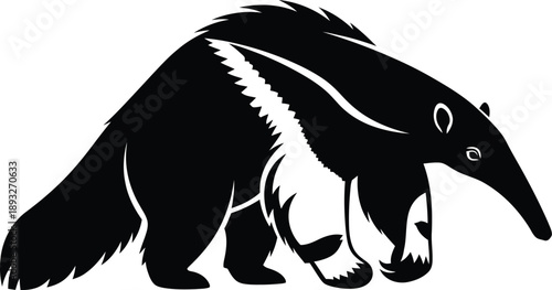 Powerful monochrome vector illustration of a giant anteater, showcasing its distinctive silhouette with a long snout and bushy tail, representing wild grace and unique biodiversity