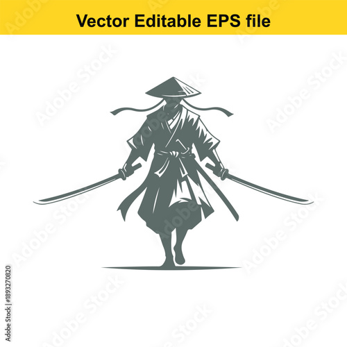  vector illustration of a samurai warrior with two swords in a fighting stance