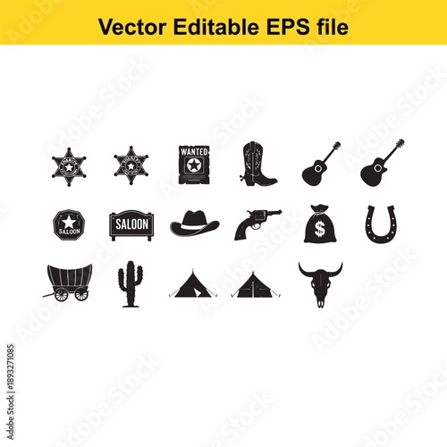  collection of black western icons on white background