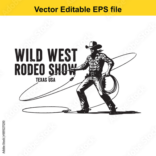  wild west rodeo show cowboy with lasso isolated on white background