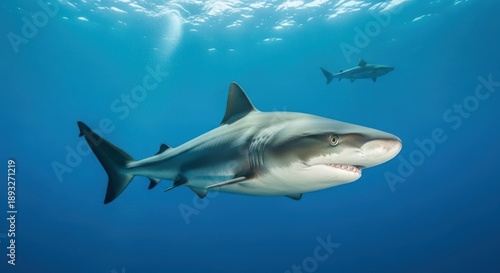 Wallpaper Mural Two sharks swimming in the deep blue ocean with sunlight filtering through the water. Torontodigital.ca