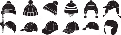 Winter hat silhouette collection with beanies, ushanka fur caps and casual baseball caps, black icons for seasonal clothing design