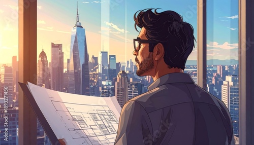 Man reviewing architectural plans with cityscape view.