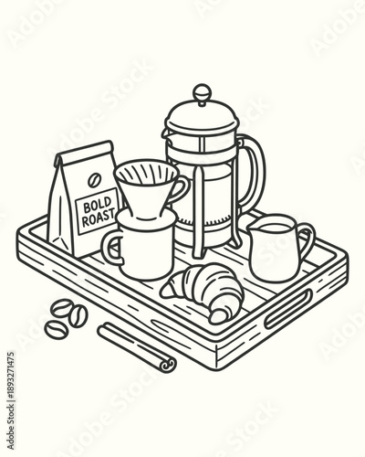 Minimalist Vector Doodle of Morning Coffee Ritual on Serving Tray
