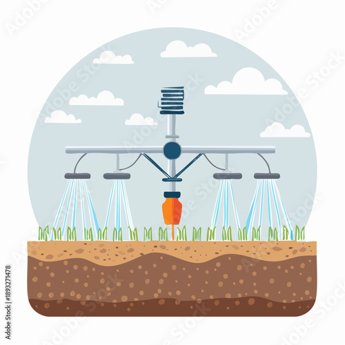 Flat Vector Illustration of Automated Irrigation System in Field
