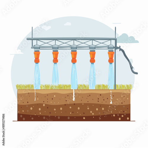 Irrigation System Watering Lawn and Soil Layers in Flat Illustration