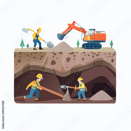 Construction Workers Excavating Soil with Backhoe and Tools