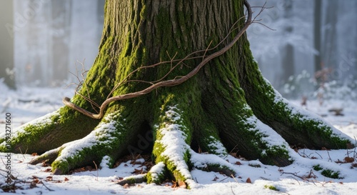 Mossy tree trunk roots covered in fresh snow in winter forest