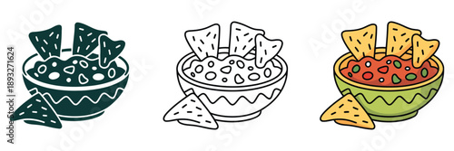 Cinco de Mayo salsa bowl with tortilla chips, fiesta snack setup for party celebrations, Mexican food illustrations