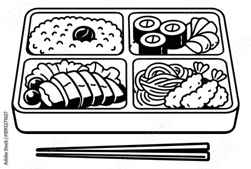 Hand drawn line art illustration of a bento box depicting a traditional Japanese meal for restaurant menus