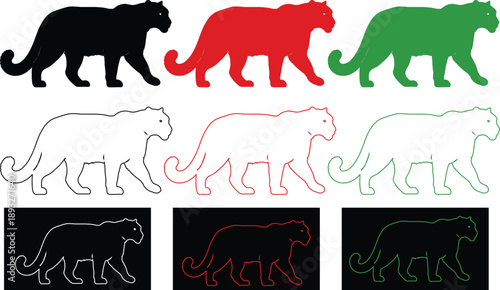 Panther Silhouette and Outline Icon Set in Black Red Green and Neon Line Art