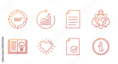 ​Set of thin line business and education icons featuring 360 degree view, growth chart, lightbulb idea, heart, and document symbols. Minimalist orange gradient vector illustration isolated on white ba